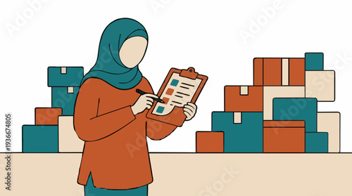 Woman Wearing Hijab Checking Inventory List Holding Clipboard with Boxes Stacked in Background Simple Flat Illustration Style