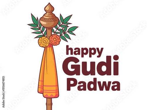Happy Gudi Padwa Poster Traditional Gudi Pot Design with Marigolds and Leaves