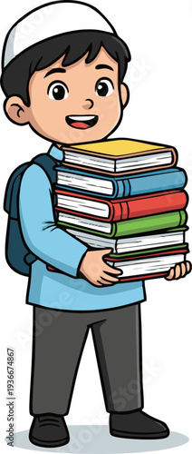 Boy Student Happily Carrying a Tall Stack of Colorful Books for School