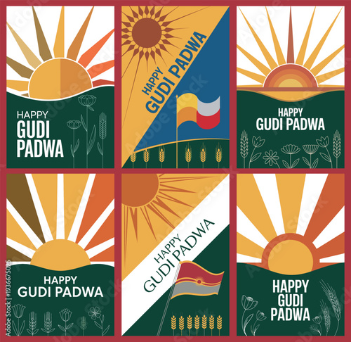 Happy Gudi Padwa Festival Poster Sunrise and Flag Design Collection