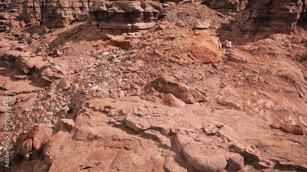 Obraz premium A vast expanse of rocky desert landscape features layered red and brown rocks scattered across the ground. The midday sun casts strong shadows, highlighting the rugged terrain.