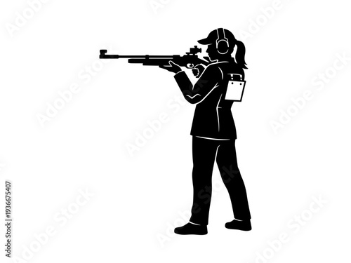 Black and white silhouette of a woman shooter aiming an air rifle during a sport shooting competition, wearing protective earmuffs and a cap.