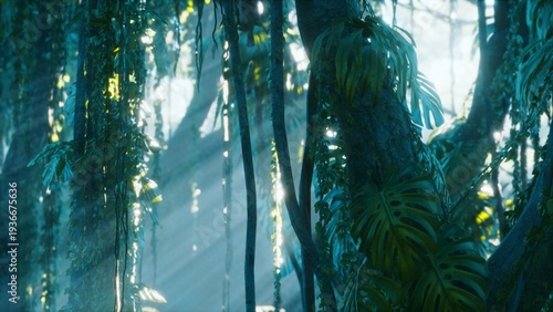Billede på lærred Sunlight filters through dense jungle trees, creating a mystical atmosphere