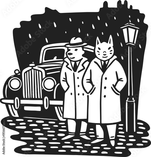 detective dog and cat in coats standing near vintage car under streetlight at night