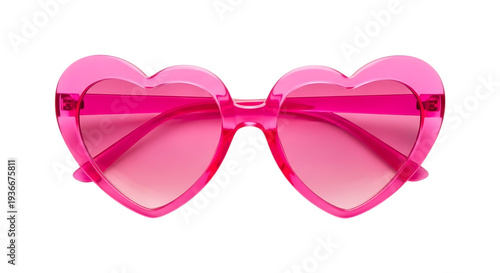 Bright pink heart shaped sunglasses with pink lenses on white background