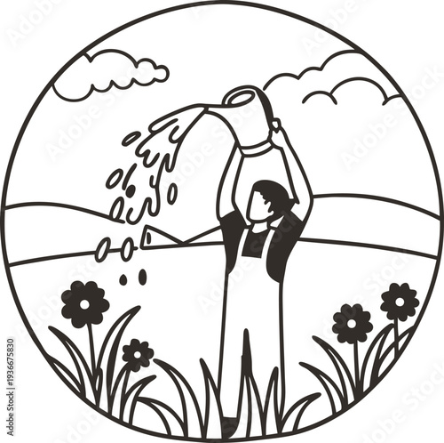 Farmer sowing seeds in field with natural landscape background, agriculture planting concept
