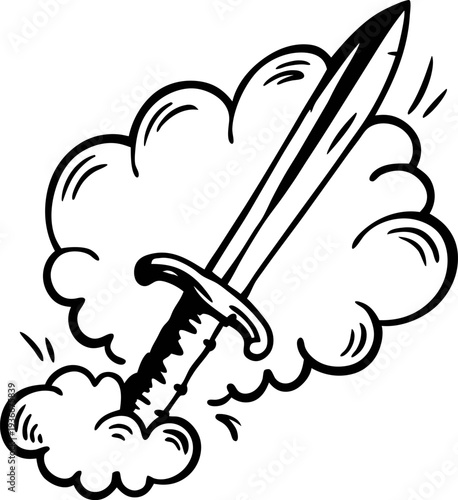 Sword piercing through smoke cloud blade thrust action illustration, weapon fight symbol with dynamic motion and impact effect