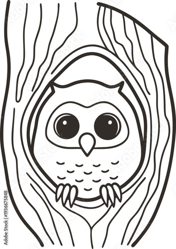 Owl peeking out of hollow tree trunk cute bird with big eyes, perched inside wood cavity natural home