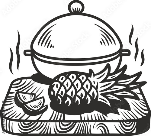 Grilled pineapple on wooden board with lemon wedges and steaming lid cooking pot