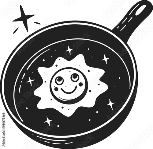 Frying pan with smiling fried egg illustration, whimsical cooking design with sparkles and happy face