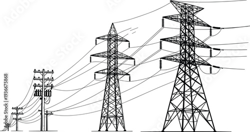 Electric power transmission towers and utility poles silhouettes with high voltage lines, electricity distribution infrastructure and energy grid system isolated 