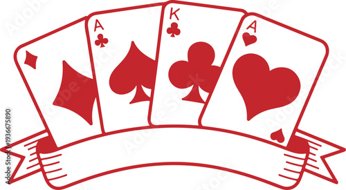 Four classic red and white playing cards showing aces and a king with a decorative blank ribbon banner