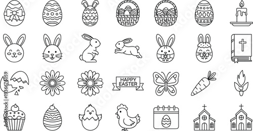 Easter Holiday Line Icon Set with Bunny Egg Basket Chick Church Candle and Spring Celebration Symbols Vector Illustration