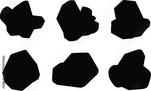 Six unique irregular black silhouette shapes resembling natural rock formations or unpolished gemstones