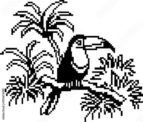 Pixel art toucan perched on a branch surrounded by tropical foliage in black and white
