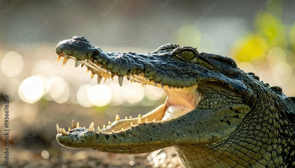 Obraz premium Close-up of a crocodile, open-mouthed, with teeth visible, set against a blurred background