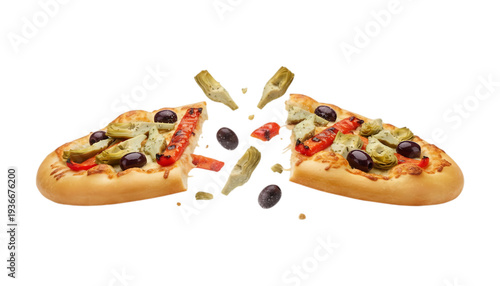 Delicious pizza slices with artichokes, olives, and red peppers on a white background beautifully