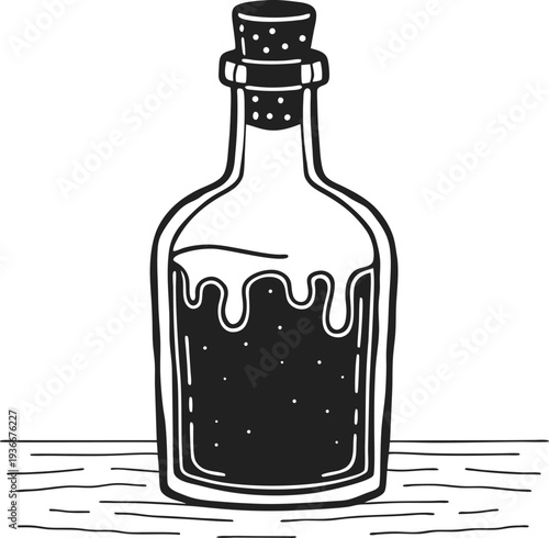 Vintage glass bottle with cork stopper filled with liquid and dripping condensation, hand drawn illustration