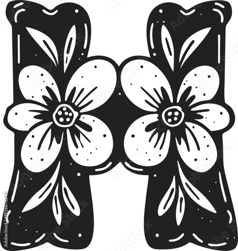 Decorative letter h with floral design, vintage alphabet typography with flowers and leaves ornament