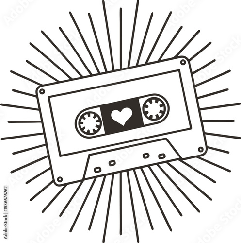 Retro cassette tape with heart symbol, vintage music concept, radiating lines background illustration