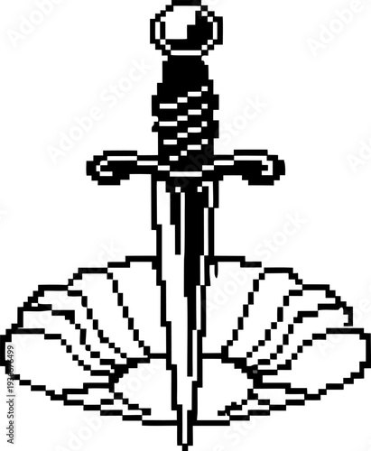 pixel art dagger stabbing open scallop shell, retro black and white gaming style, minimalistic vintage design