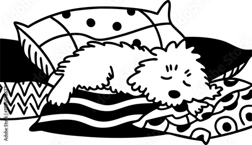 Sleeping dog on a pile of patterned pillows and cushions in cozy resting position black and white illustration