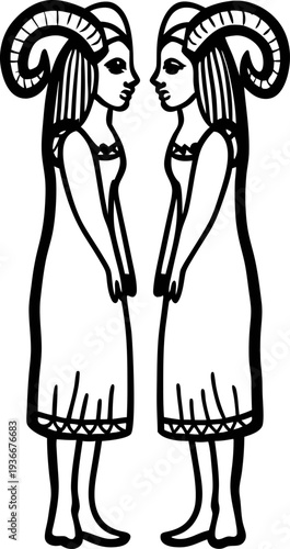 astrological aries zodiac sign symbol twin woman figures with ram horns facing each other mythical astrology icon in black and white line art