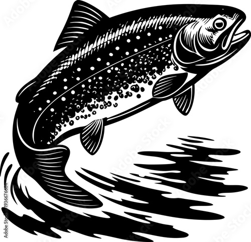 Leaping trout fish with spotted body, splash water movement, wildlife and freshwater aquatic animal illustration