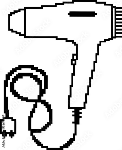 Pixel art hairdryer with power cord and plug in simple black outline design, vintage digital