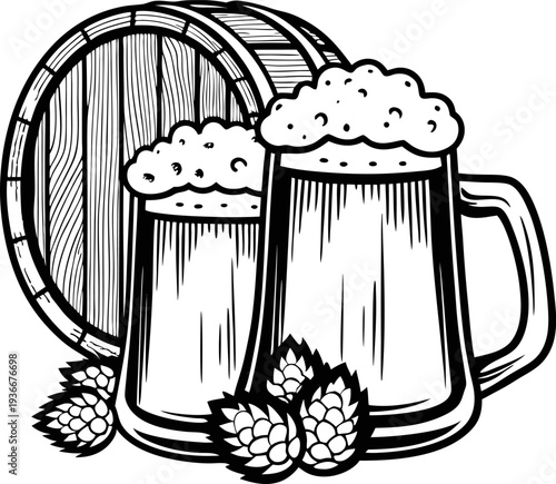 Two foamy beer mugs with hops and wooden barrel background, traditional brewery drink concept