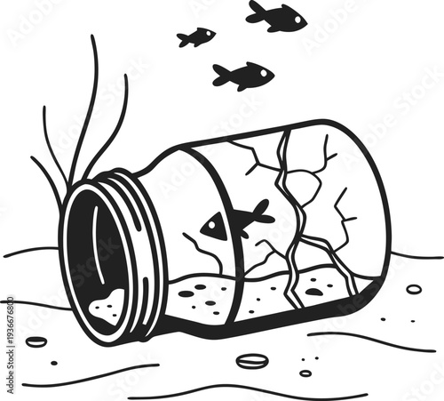 Cracked glass jar underwater with small fish swimming inside and around, seaweed, and seabed debris