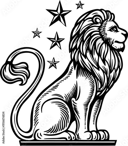 leo zodiac symbol lion sitting with flowing mane and five stars astrology constellation design