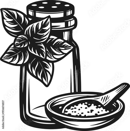 Salt shaker with basil leaves and bowl of salt, cooking ingredient seasoning and spice concept in black and white