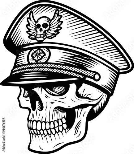 Skull wearing a military captain hat with winged skull emblem, black and white detailed illustration