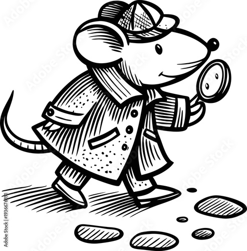 detective mouse following footprints with magnifying glass wearing detective coat and hat