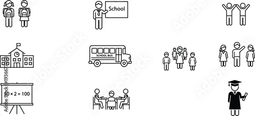 School Education Icons Students Teacher Bus Graduation Vector Illustration Set Isolated