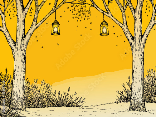 A whimsical illustration of trees with hanging lanterns in a golden scene