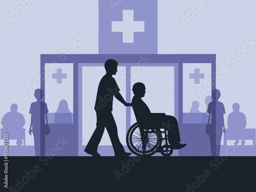 Silhouetted figures at a hospital entrance including a patient in wheelchair