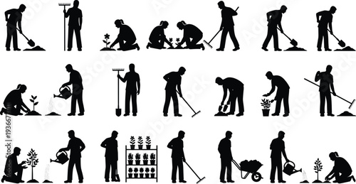 Gardening and landscaping worker silhouettes set with people planting, watering, digging and raking plants, agriculture and garden maintenance activity icons isolated on background