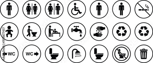 Restroom WC Toilet Bathroom Icons Set Accessible Hygiene Vector Illustration Collection Isolated