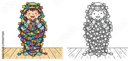 Cute Child Entangled in Colorful Star Lights, Playful Cartoon Illustration