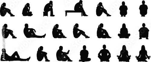 People Silhouettes Sitting Thinking Waiting Depression Meditation Vector Illustration Collection Isolated Set