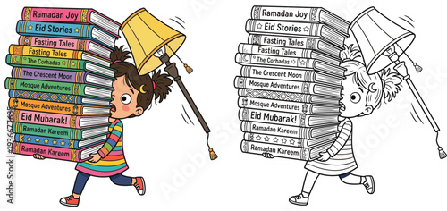 Overwhelmed Girl Carrying Huge Stack of Ramadan and Eid Books Cartoon Illustration