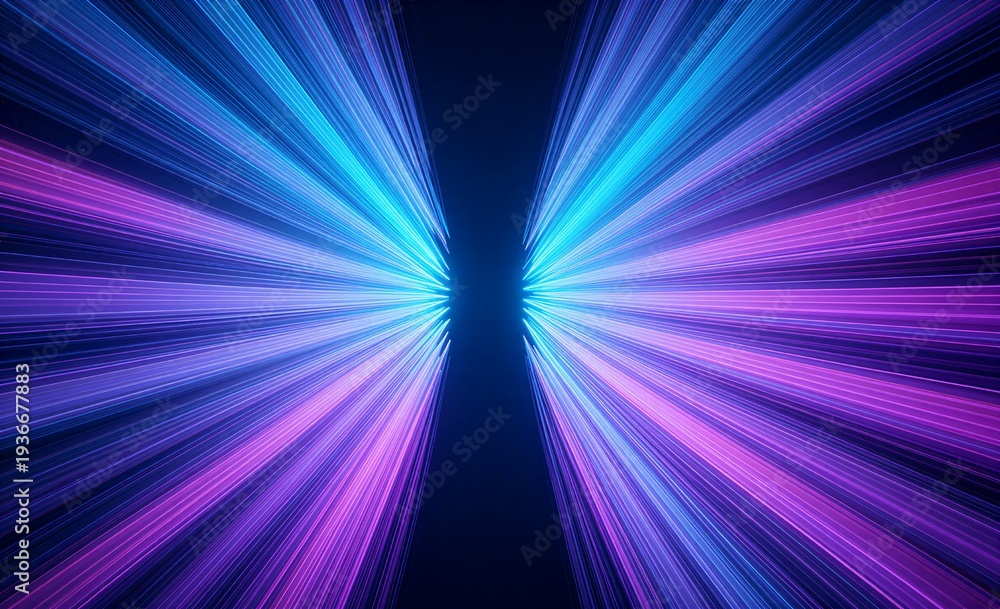 Fototapeta premium Vibrant blue and purple light rays burst outward from a dark center.