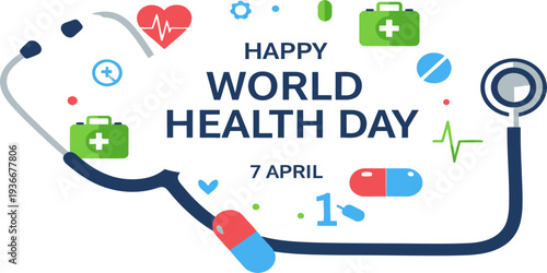 World Health Day poster with stethoscope, medical icons, and global theme