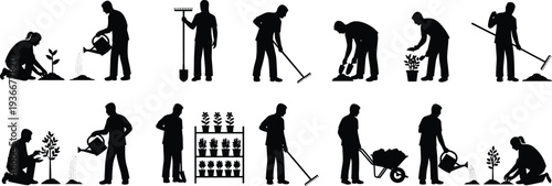 Gardening people silhouette collection with workers planting, watering plants, raking soil and pushing wheelbarrow, landscaping and horticulture activity icons isolated on white background