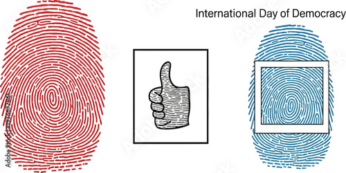 International Day of Democracy poster with fingerprint voting and approval icons