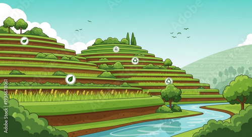 Sustainable farming on layered hillside with river and trees illustrating eco friendly agriculture and environmental conservation