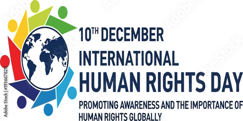 International Human Rights Day poster with globe and colorful unity symbols