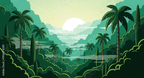 Tropical jungle landscape with palm trees mountains and sunset serene natural scenery